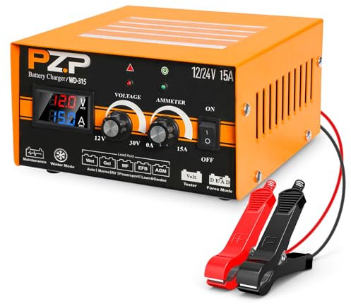 PZP Chargeur de batterie de voiture 0-15 A 12 V 24 V Chargeur de batterie automobile 12 V 24 V Chargeur manuel à cycle profond