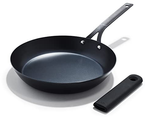 OXO Obsidian Bratpfanne aus vorgebranntem Karbonstahl, 25,4 cm, mit abnehmbarem Silikongriffhalter, Induktion, ofenfest, Schwarz