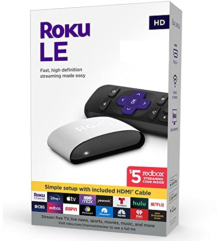 Roku LE HD Streaming Media Player con cable HDMI de alta velocidad y dispositivo blanco remoto simple