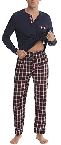 Litherday Pyjama Homme Hiver Coton Ensemble de Pyjama à Carreaux Vêtements de Nuit à Manches Longues Pyjama pour Hommes Loungewear 2 Pièces,D01 Bleu Marine,XL