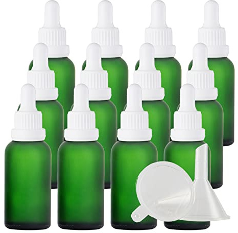 ZEOABSY 12 Pieces 30ml Empty Frosted Green Glass Dropper Bottles with White Tamper-Proof Pipette for Essential Oil Aromatherapy Travel Cosmetics Storage Containers