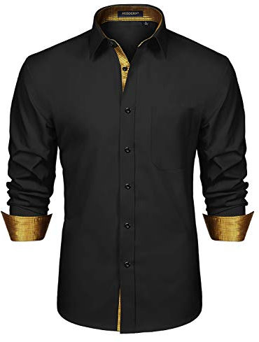 HISDERN Black Gold Long Sleeve Shirt for Men Fashion Classic Collar Button Down Casual Formal Party Prom Concert Shirts