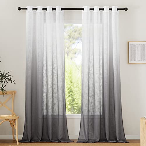 PONY DANCE Wohnzimmer Gardinen Modern 2er Set Leinenoptik Vorhang Halbtransparent H 245 x B 140 cm Weiße Vorhänge mit Farbverlauf Graue Gardine Ösenvorhang
