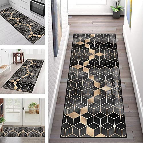Carpet Runners for Hallways Non-Slip Long, Washable Runner Rug for Hallway Kitchen Hall Bedroom Living Room Rug Large Door Mat 80X240CM Narrow Rug Black Grey Gold Geometric Anti-slip Floor Mat
