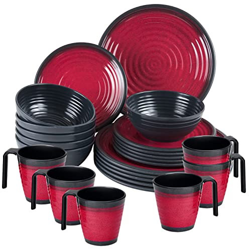 Melamin Camping Geschirr Set für 6 Personen - mit Tellern und Stapel-Tassen - 24 Teile - Rot-Schwarz - Campinggeschirr - Outdoor Tafelgeschirr Wohnwagen Wohnmobil Geschirrset