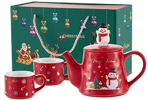 YBK Tech Théière en céramique pour 2 personnes, théière et 2 tasses – Série de Noël, motif bonhomme de neige (rouge)