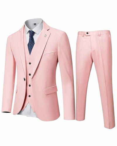 Hihawk Costume 3 pièces pour Homme avec Tissu Extensible, Coupe ajustée, Ensemble Blazer à Un Bouton, Veste, Gilet et Pantalon avec Cravate, Rose Clair, Taille XL