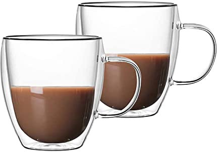 Hniuyun 2-Pack Glass Coffee Mugs, Double Walled Insulated Layer Coffee Cups with Handle, Clear Glass Cups for Cappuccino,Tea,Latte,Espresso,Hot Beverage (250ML)