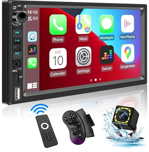 Radio de Coche 2 DIN Compatible con Apple CarPlay, Android Auto y Asistente de Voz,Pantalla HD de 7 Pulgadas con Bluetooth 5.1/Cámara de Respaldo/USB/Cargando/SWC/AV In/Mirror Link/AMFM RDS Car Radio