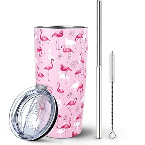 Rosa Flamingo-Becher mit Deckel und Strohhalm, Flamingo-Geschenke für Frauen Mädchen Flamingo-Liebhaber, Aquarell-Flamingo-Tasse, Wasserflasche, Kaffeebecher, Edelstahl, vakuumisoliert, 590 ml