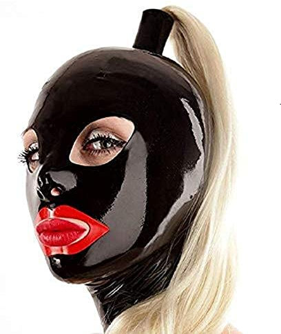 Latex KapuzeLatex Kapuze Gummi mit Haarteilen Perücken Pferdeschwänze Handgemachter hinterer Reißverschluss, blonde Perücken, XXL