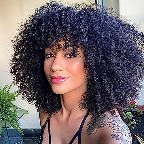 PORSMEER Lockige Afro Perücke Damen Volle flauschig Haar Kinky Curly Bob Black Wig volume mit Pony für schwarze frauen,Natürlich Kunsthaar Perücke 14 Zoll