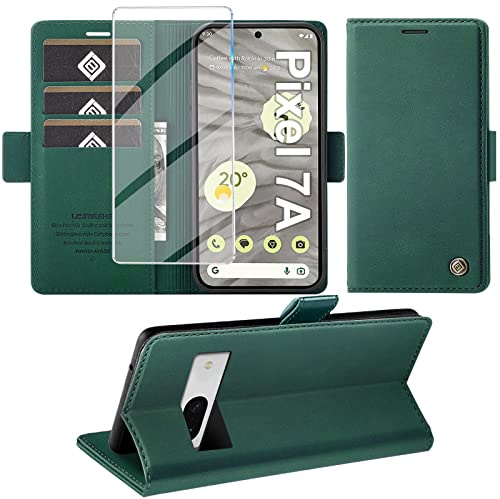 Giyer für Google Pixel 7A Hülle mit Displayschutzfolie, Handyhülle Pixel 7A 5G Premium Leder Wallet Klapphülle Standfunktion Kartenfach Schutzhülle für Google 7A Lederhülle Flip Case Cover (Grün)
