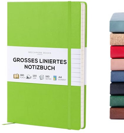 BEECHMORE BOOKS Notizbuch, liniert, A4-Format, 21,6 x 29,2 cm, 160 linierte Seiten, Leder-gebunden, Tagebuch, Schreib- und Notizbuch für die Arbeit, 120 g/m² dickes Papier, mit Geschenkschachtel