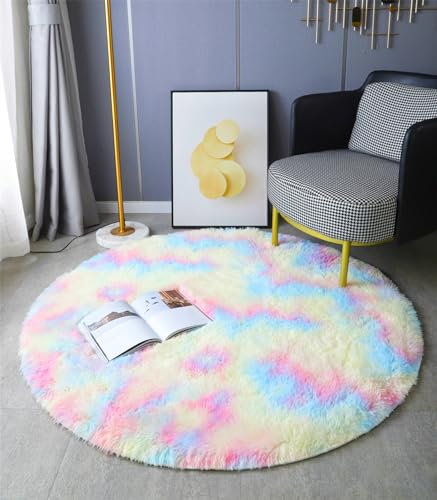 LYKEJI Runder Teppich, Langflor, Modern, für Wohnzimmer, Schlafzimmer, Esszimmer oder Kinderzimmer, Komfortable Hochflor-Bodenmatte Anti-Rutsch-Teppich (160cm X 160cm, farbig)
