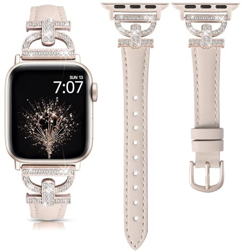 TOYOUTHS Leather Strap Compatible with Apple Watch Straps 41/42/38/40mm Women Slim Band D-Shaped Metal Buckle Rhinestones Luxury Bracelet for iWatch 11 10 9 8 7 6 5 4 SE 3 2 1, Starlight/Starlight