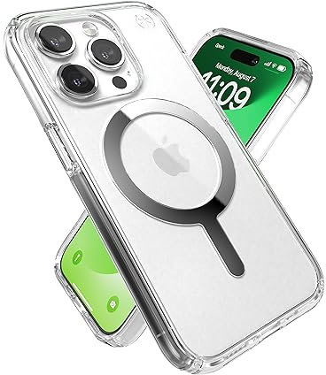 Speck Transparente Schutzhülle für iPhone 15 Pro, gebaut für MagSafe, Fallschutz, kratzfest, vergilbungsfrei, 15,5 cm (6,1 Zoll), Presidio Clear/Chrom-Finish