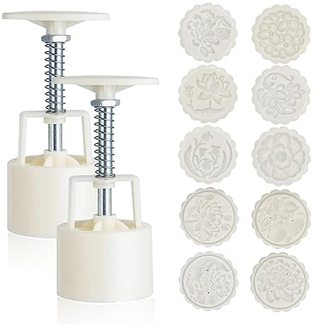 SAGOOITS Moon Cake Mould Set 75g, 12 PCS Pattern Hand-Pressure Mooncake Molds,Includes 10 pcs flower pattern base and 2 Pieces Press,Mid Autumn Festival DIY Hand Press Cookie Stamps Pastry Tool