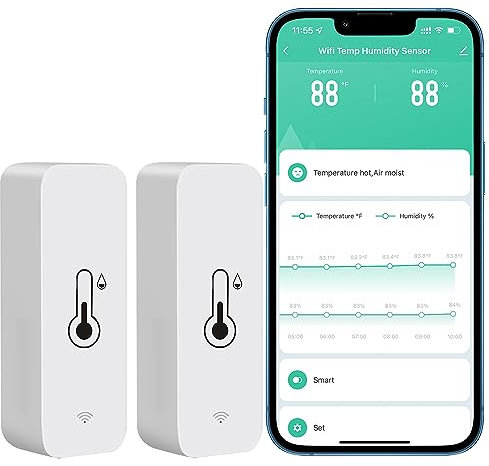 PHOVOLT WLAN Hygrometer Thermometer Sensor, kabelloser intelligenter Temperatur und Feuchtigkeitsmonitor mit Remote App Benachrichtigungsalarm, für Zuhause, Gewächshaus (2 Stück)