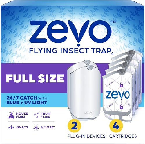 Zevo 2 Flying Insect Traps & 4 Refill Cartridges - Plug in Fly Trap & Indoor Bug Catcher for Gnats, House & Fruit Flies - Blue & UV Light Technology, Mess-Free Alternative to Bug Zapper