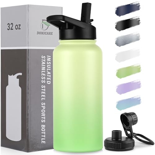 DOMICARE 32 oz Insulated Water Bottle, Vacuum Insulated Stainless Steel Sports Water Bottle with Straw Lid & Spout Lid, Leakproof, Reusable - Travel, Camping, Bike, Green Gradient