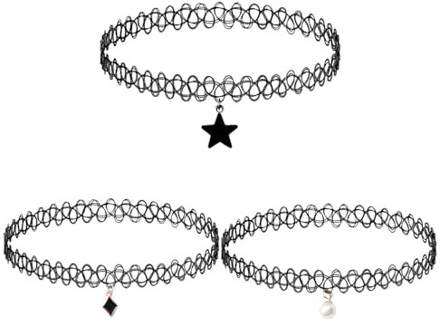 3 Stück Tattoo Kette 90s,Leicht Tattoo Kette Stretch,Choker Kette Vintage,Hohlgewebe Tattoo Halskette,Schwarz Tattookette für Frauen und Männer(Rhombisch,Stern,Perlen)
