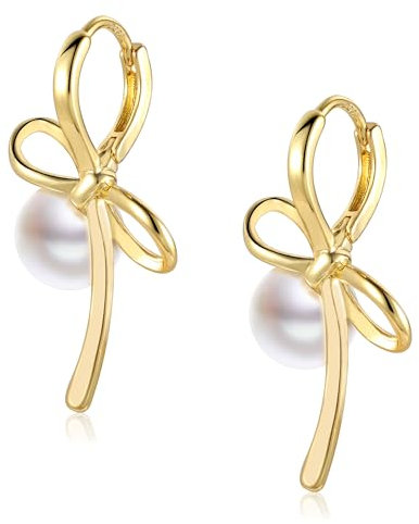 ASH'S CHOICE Ohrringe Gold Creolen Bogen Groß Schleifen Ohrringe Gold Kleine Creolen mit Perlen Anhänger Bow Earrings Silber 925 Ohrringe Hängende Creolen Perlenohrringe Bogen Tropfenohrringe Damen