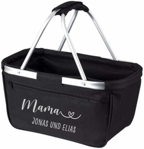 AWASG Einkaufskorb Mama mit Herz - Personalisiert mit Name - Einkaufstasche Mom klappbar Tragekorb mit Aufdruck - 45 x 25 x 25 cm (schwarz)