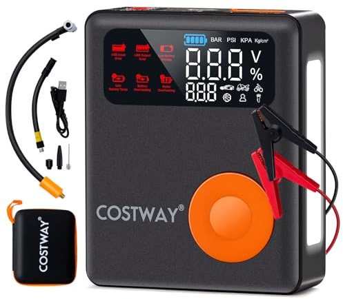 COSTWAY 5-in-1 Jump Starter with Air Compressor, 2000A Peak 13000mAh 12V Car Battery Booster Jump Starter (up to 8.0L Gas or 5.0L Diesel Engine), Powerbank Charger with Jump Leads, LED Flashlight
