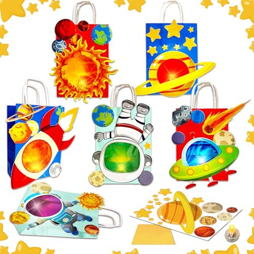 6 Laternen Bastelset für Kinder, Laterne St Martin mit Transparentpapier und Doppelseitiger Kleber und LED-Perlen, Laterne Basteln für Mädchen und Jungen, Ideal Geburtstag für Kinder - Weltraum