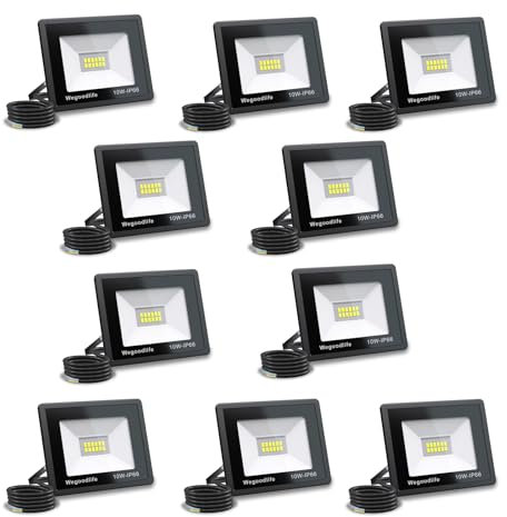 Wegoodlife 10 Stück 10W LED Strahler Außen, Superhell 730LM Außenstrahler, 3000K Warmweiß Aussenstrahler, IP66 Wasserdicht Flutlicht, Außenlampe für Garten, Innenhöfe, Garage, Hotel, Sportplatz