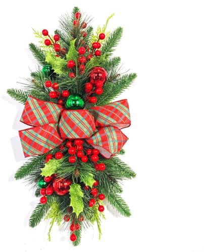 QOXEZY Ghirlanda preilluminata per scale, decorazione per scale di Natale, anello di fiori artificiali di Natale, anello di fiori di Natale, decorazione per scale di Natale (senza luce)
