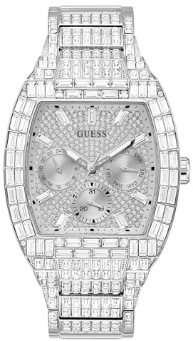 Guess Phoenix Herren Armbanduhr mi Zirkonia in der Farbe Silber mit Armband aus Edelstahl, Wasserdichtigkeit: 5 bar, Gehäusedurchmesser: 44 mm, GW0816G1