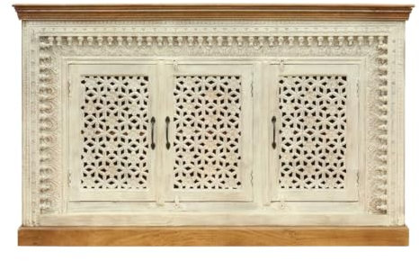 Sideboard Santosh indische Kommode aus Mangoholz mit floralen Schnitzereien Oriental Schlafzimmer Braun Weiß 165cm