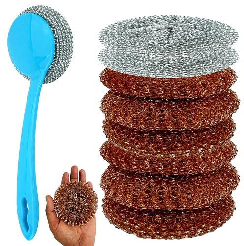 Ensemble de nettoyage de cuisine 9 pièces, avec poignée anti-rayures et brosse à récurer en maille de cuivre pour casseroles, poêles et grills, éponges non abrasives pour un nettoyage efficace