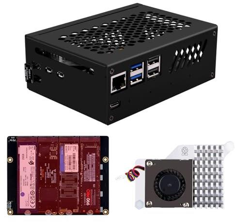 GeeekPi N16 Quad M.2 M-Key NVMe SSD HAT con custodia in metallo e dispositivo di raffreddamento attivo per Raspberry Pi 5, supporto SSD M.2 NVMe M-Key 2230/2242/2260/2280