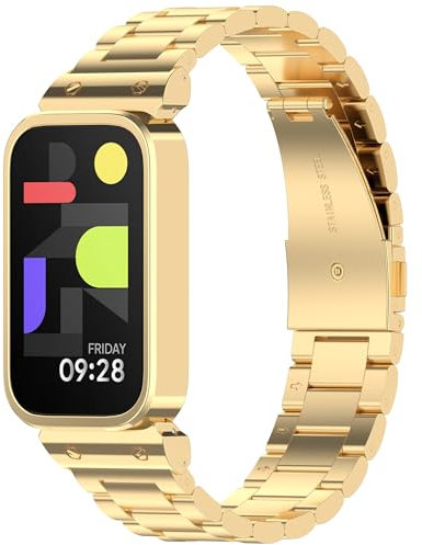 RuenTech Cinturino in metallo compatibile con Xiaomi Band 9 Active, cinturino di ricambio con custodia protettiva in acciaio inox per Redmi Band 3, Mittelgroße, Acciaio inossidabile, Nessuna pietra