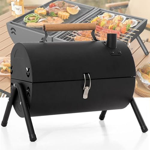 Doppelseitiger Tragbarer Holzkohlegrill In Fassform, Mit 2 Kochbereichen, Seitlichen BelüFtungsöFfnungen Und Tragegriff Aus Holz, Mit Barbecue-Grill. Tragbarer,Black