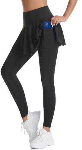 Tennisrock Damen Sporthose Laufhose mit Rock Yogahose Hosenrock high Waist Push Up Sport Leggings Lang Sportrock mit Hose Innentasche