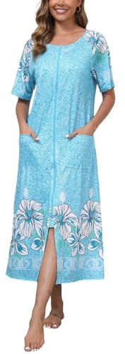 Women's Full Zipper House Dress Short Sleeve Nightgown Casual Long Mumu Lounge Robe With Pockets Blue, S