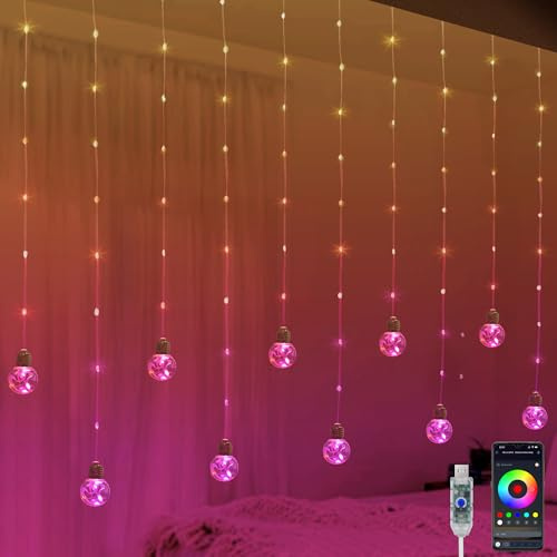 Farbwechselnde Wunschkugel-Vorhang-Lichter, 9,8 x 3,3 FT RGB-LED-Lichterkette mit Fernbedienung, App-Steuerung, Musik-Synchronisation, Fensterhintergrund, Wandbehang Lichter für Schlafzimmer, Party