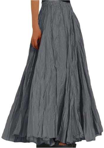 Lang Rock Damen Sommer Hohe Taille Maxi Rock Faltenrock Strandrock Freizeitrock Elegant A-Line Große Größen Röcke Elastic Waistband Bequeme Plisseerock Dunkelgrau XL