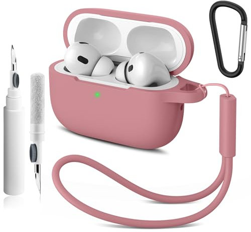 Case for AirPods Pro 2 (2023/2022/2019) with Cleaner Pen, Silicone Protective Cover for Apple Airpods Pro 2 with Carabiner, Front LED Visible (Bean Paste Pink)