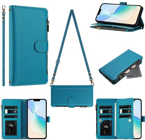 Portefeuille Fermeture éclair Coque pour Honor 90 Lite,avec 9 Porte Cartes Flip PU Cuir Étui Sac à Main Bouton Magnétique Collier Housse Cordon Etui