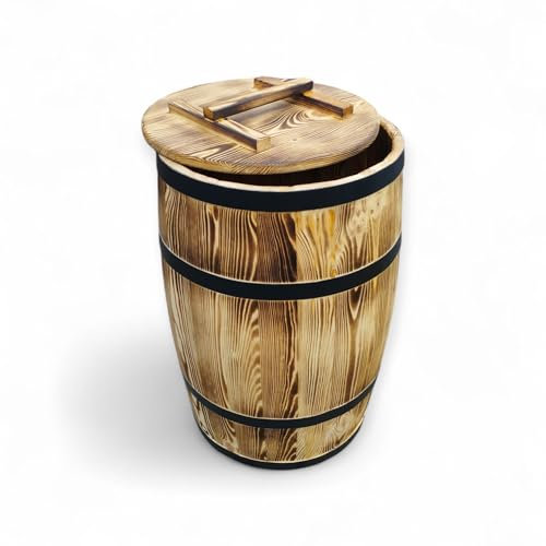 Holzfass mit Deckel und Metallreifen – Aus gebranntem Holz im Vintage-Stil – Rustikales Fass für Garten, Regenwasser oder Deko 60 Liter