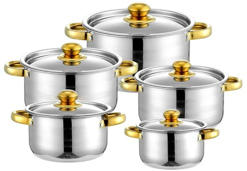 Juego de Ollas Acero Inoxidable 5 Piezas con Tapas, ollas y sartenes | BateríA De Cocina InduccióN, Juego De Ollas Cocina Doble Asa, Compatible Gas/VitroceráMica, FáCil Limpieza