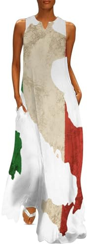 Damen Sommer Maxikleid Ärmellos Mit Taschen Leichtes Polyester Kleid Für Strand Urlaub Oder Party Italienische Flagge