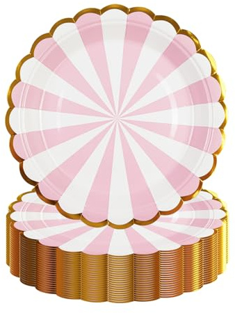 HiEnjoin 50 Stück Gestreift Pappteller,Rosa Kindergeburtstag Partygeschirr Set Goldfolie Rand überbacken Dessertteller für Graduierung Urlaub Hochzeit Geburtstag Party Baby Dusche Dekorationen