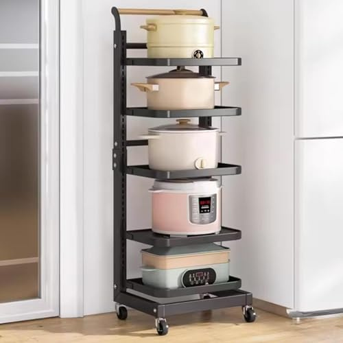 5 Tier Black Pan Stand with Wheels for Free Standing Kitchen Storage Saucepan Rack with 5 * 5 Boards