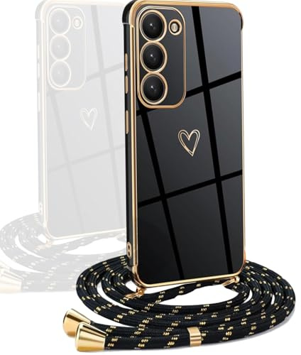 YAMCCCSE Coque pour Samsung Galaxy S21 avec Cordon, Coque avec Collier Motif Coeur d'amour Silicone Galvanisé Housse, Réglable Amovible de Cordon Case pour Samsung Galaxy S21, Or Noir